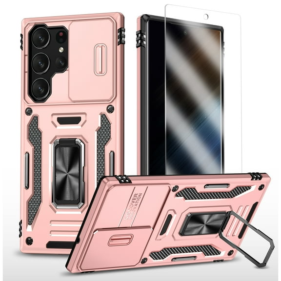 Allytechgroup Magnetic for Samsung Galaxy S25 Ultra Case with Screen Protection, Military Grade Shockproof Bumper Kickstand Sliding Camera Lens Protector Rugged Bumper for Women Men, Rosegold