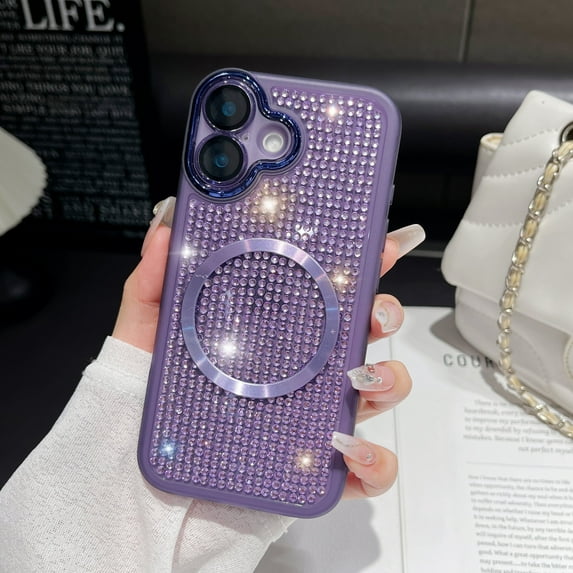 Allytechgroup Magnetic Sparkly Diamond Rhinestones Bumper Back Cover Cell Phone Case with Wrist Strap Chain for Apple iPhone 13, Purple