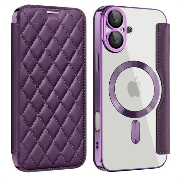 Allytechgroup Magnetic Wallet Case for Apple iPhone 16, RFID Blocking PU Leather Clear Back Cover Compatible with Magsafe Wireless Charging Anti-Scratch Phone Case for iPhone 16, Purple
