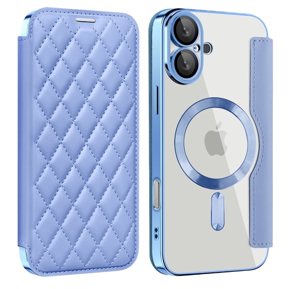 Allytechgroup Magnetic Wallet Case for Apple iPhone 16, RFID Blocking PU Leather Clear Back Cover Compatible with Magsafe Wireless Charging Anti-Scratch Phone Case for iPhone 16, Blue