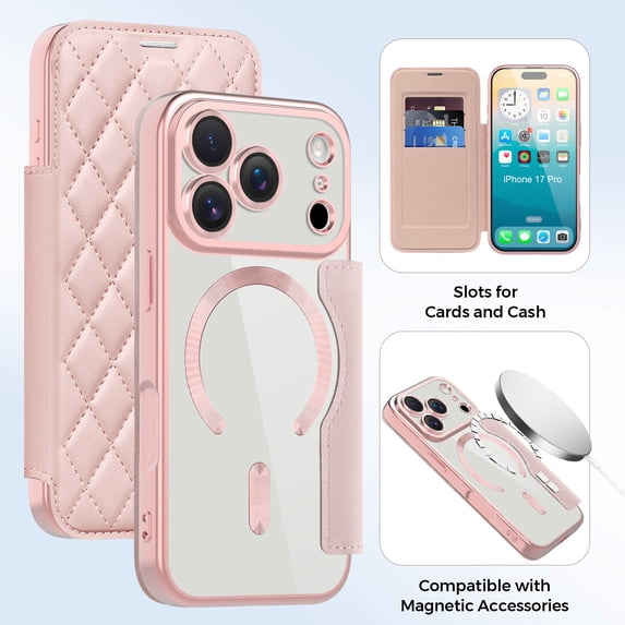 Allytechgroup Magnetic Wallet Case for Apple iPhone 17 Pro Max, RFID Blocking PU Leather Clear Back Cover Compatible with Magsafe Wireless Charging Anti-Scratch Case for iPhone 17 Pro Max,Pink