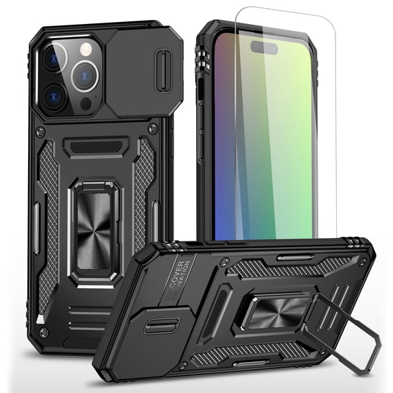 Allytechgroup Magnetic for iPhone 16 Case with 1x Screen Protector, Rotatable Kickstand Support Car Mount Slide Camera Cover Protective Phone Case for Women Men, Black