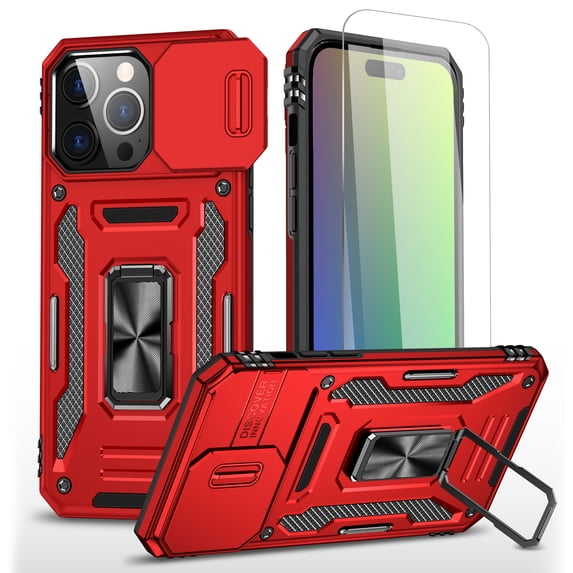 Allytechgroup Magnetic for iPhone 16 Case with 1x Screen Protector, Rotatable Kickstand Support Car Mount Slide Camera Cover Protective Phone Case for Women Men, Red