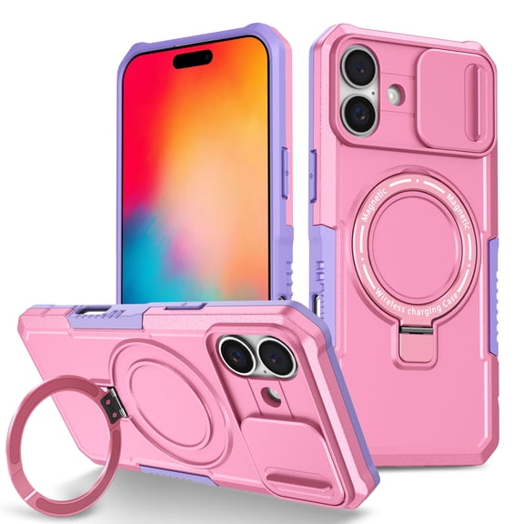 Allytechgroup Magnetic for iPhone 16 Case with Kickstand, [Slide Camera Cover] Rotatable Ring Holder Stand Military Grade Drop Protection Back Cover for iPhone 16, Pink
