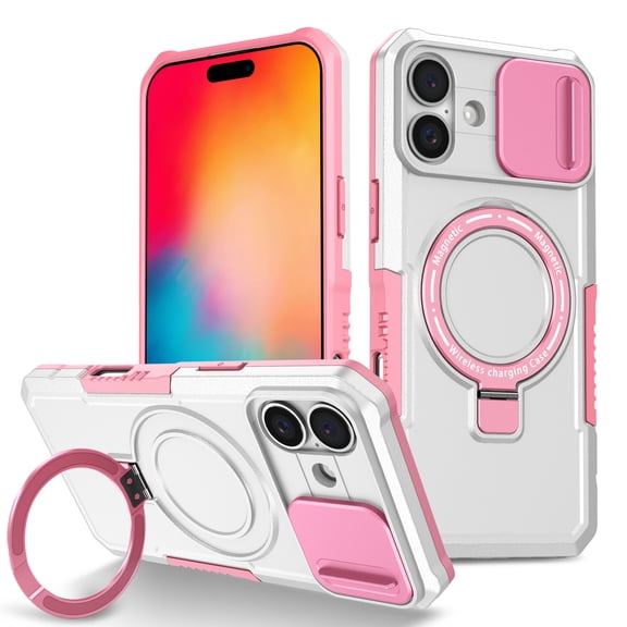 Allytechgroup Magnetic for iPhone 16 Case with Kickstand, [Slide Camera Cover] Rotatable Ring Holder Stand Military Grade Drop Protection Back Cover for iPhone 16, Pink+White