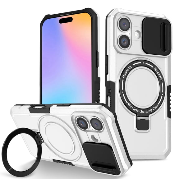 Allytechgroup Magnetic For iPhone 16 Case with Ring, [1x Screen Protector] [Slide Camera Cover] Military Grade Drop Protection Back Cover For iPhone 16, White