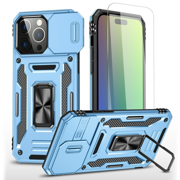 Allytechgroup Magnetic for iPhone 16 Pro Case with 1x Screen Protector, Rotatable Kickstand Support Car Mount Slide Camera Cover Protective Phone Case for Women Men, Lightblue