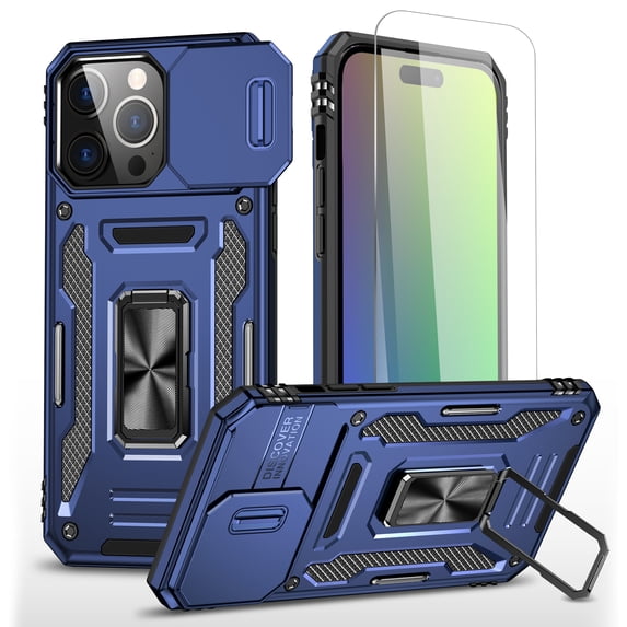 Allytechgroup Magnetic for iPhone 16 Pro Case with 1x Screen Protector, Rotatable Kickstand Support Car Mount Slide Camera Cover Protective Phone Case for Women Men, Navyblue