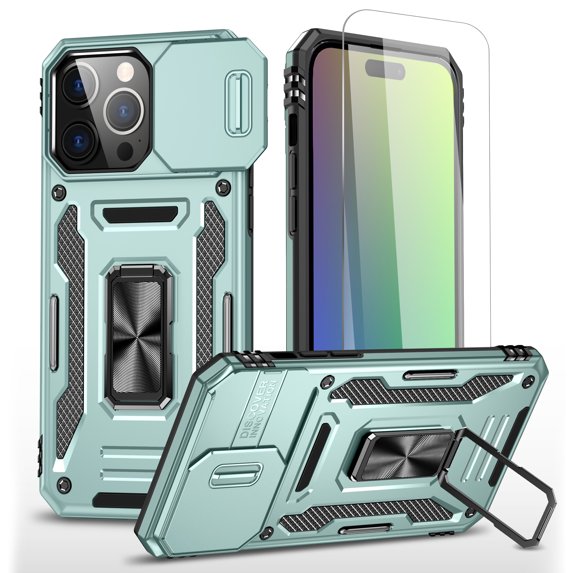 Allytechgroup Magnetic for iPhone 16 Pro Case with 1x Screen Protector, Rotatable Kickstand Support Car Mount Slide Camera Cover Protective Phone Case for Women Men, Darkgreen