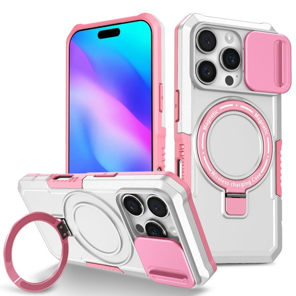 Allytechgroup Magnetic for iPhone 17 Pro Case with Kickstand, [Slide Camera Cover] Rotatable Ring Holder Stand Military Grade Drop Protection Back Cover for iPhone 17 Pro, Pink+White