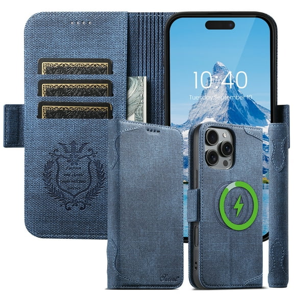 Allytechgroup Magnetic for iPhone 17 Pro with Credit Card Slot, Compatible with Magsafe PU Leather Flip Wallet Phone Case with Kickstand Shockproof Protective Bumper for iPhone 17 Pro, Blue