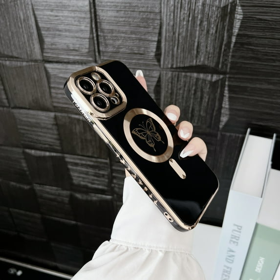 Allytechgroup Magsafe Compatible Phone Case Apple iPhone 11 Pro Max, Slim Fit Rugged Hybrid Luxury Butterfly Embossed Magnetic Back Cover Wireless Charging Support Case for Girls Women, Black