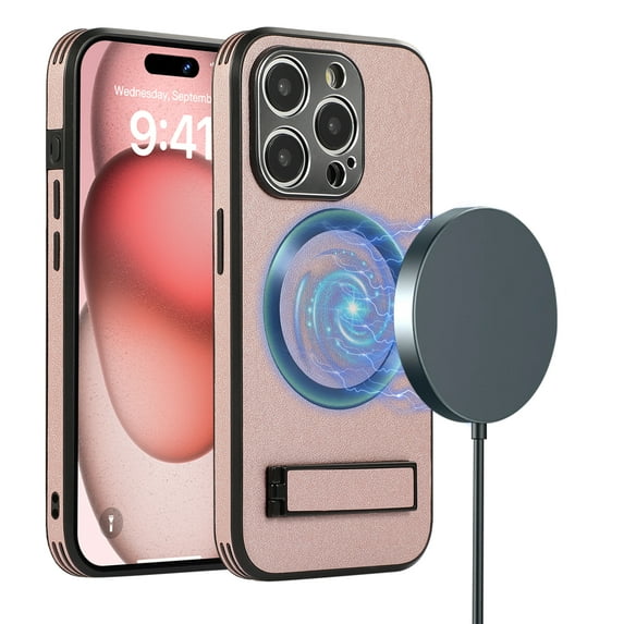 Allytechgroup Magsafe Compatible Phone Case for Apple iPhone 12 Pro Max, Camera Lens Protective Kickstand Shockproof Bumper Slim Fit Wireless Charging PC TPU Back Cover Case for Girls Women, Rosegold