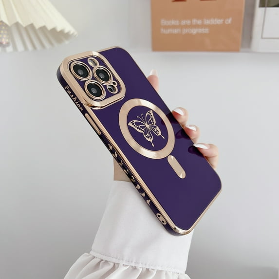 Allytechgroup Magsafe Compatible Phone Case Apple iPhone 12 Pro Max, Slim Fit Rugged Hybrid Luxury Butterfly Embossed Magnetic Back Cover Wireless Charging Support Case for Girls Women, Purple