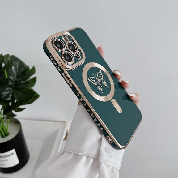 Allytechgroup Magsafe Compatible Phone Case Apple iPhone 14 Plus, Slim Fit Rugged Hybrid Luxury Butterfly Embossed Magnetic Back Cover Wireless Charging Support Case for Girls Women, Darkgreen