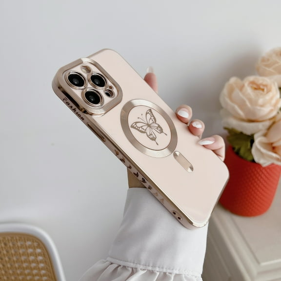 Allytechgroup Magsafe Compatible Phone Case Apple iPhone 14, Slim Fit Rugged Hybrid Luxury Butterfly Embossed Magnetic Back Cover Wireless Charging Support Case for Girls Women, Pink