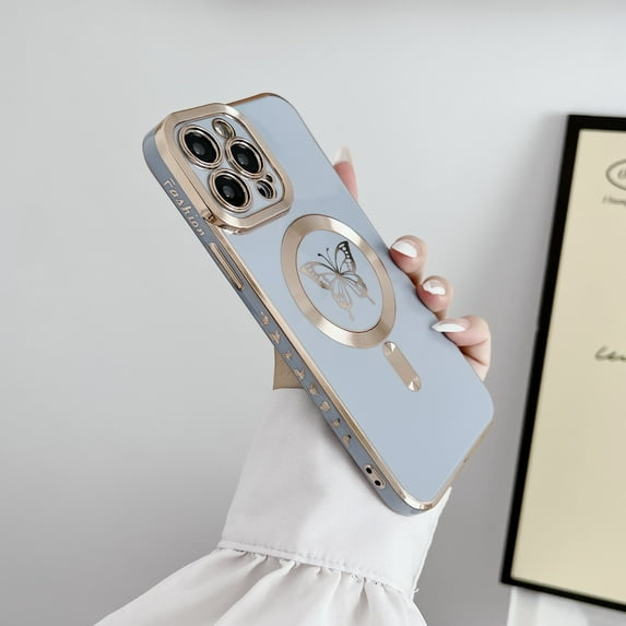 Allytechgroup Magsafe Compatible Phone Case Apple iPhone 15 Plus, Slim Fit Rugged Hybrid Luxury Butterfly Embossed Magnetic Back Cover Wireless Charging Support Case for Girls Women, Blue