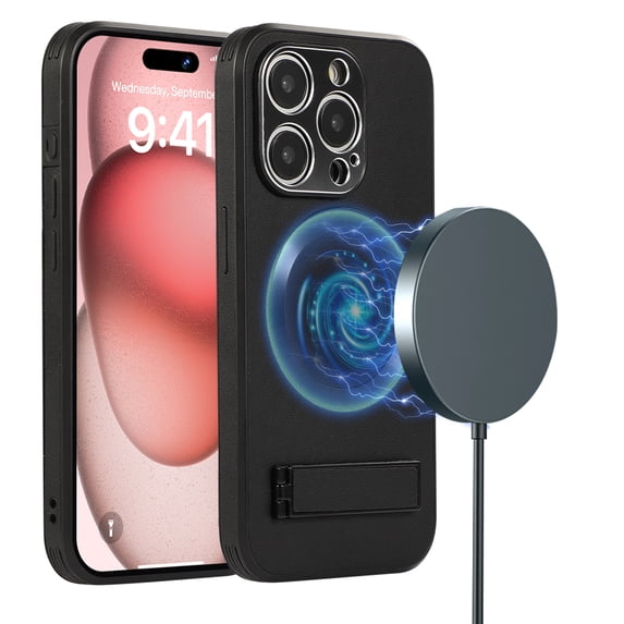 Allytechgroup Magsafe Compatible Phone Case for Apple iPhone 15 Pro, Camera Lens Protective Kickstand Shockproof Bumper Slim Fit Wireless Charging PC TPU Back Cover Case for Girls Women, Black