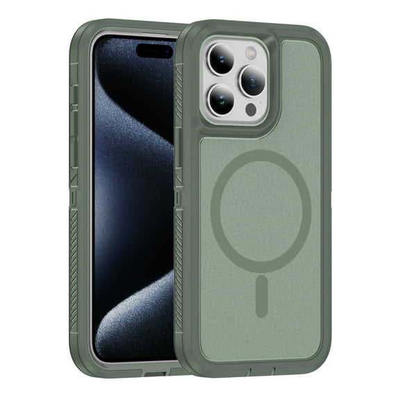 Allytechgroup Magsafe Compatible Phone Case for Apple iPhone 15 Pro Max, Rugged Shockproof PC TPU Hybrid Heavy Duty Protection Drop Proof Anti-Scratch Case Cover for Women Men, Green
