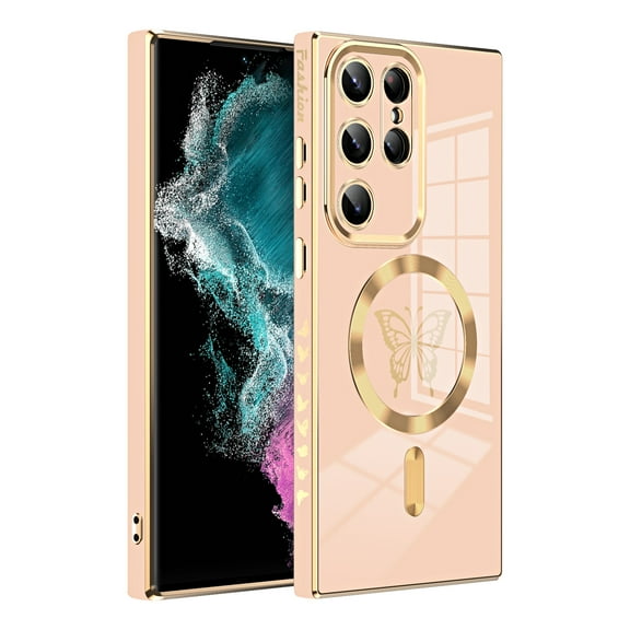 Allytechgroup Mangetic Phone Case for Samsung Galaxy S21 Ultra, Slim Fit Luxury Butterfly Design Wireless Charging Support Anti-Scratch Shockproof Camera Lens Protective Case for Girls Women, Pink