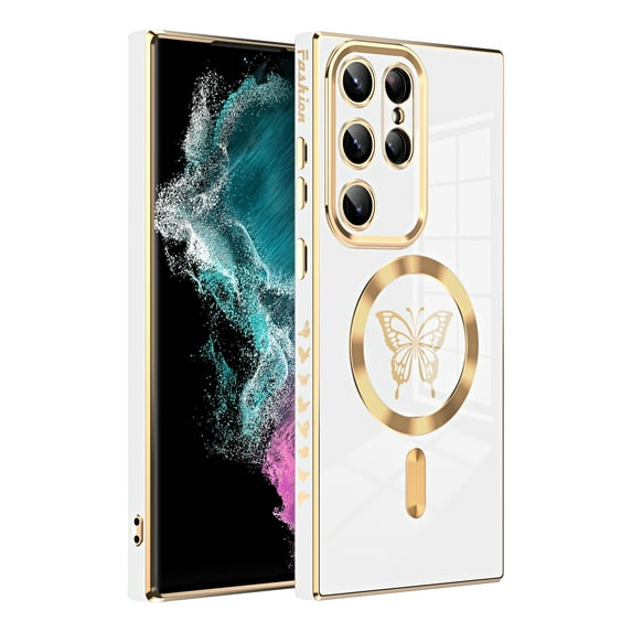 Allytechgroup Mangetic Phone Case for Samsung Galaxy S22 Ultra, Slim Fit Luxury Butterfly Design Wireless Charging Support Anti-Scratch Shockproof Camera Lens Protective Case for Girls Women, White