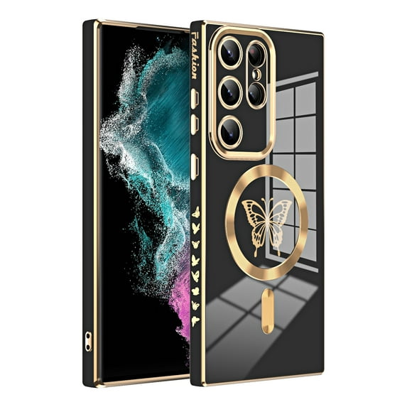 Allytechgroup Mangetic Phone Case for Samsung Galaxy S23 Ultra, Slim Fit Luxury Butterfly Design Wireless Charging Support Anti-Scratch Shockproof Camera Lens Protective Case for Girls Women, Black