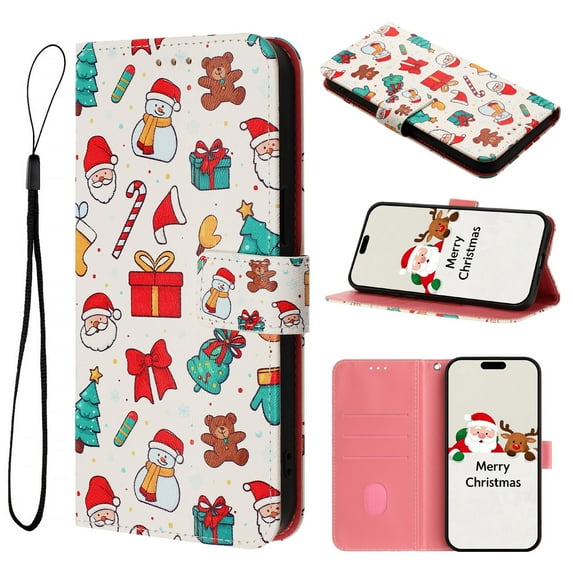 Allytechgroup Merry Christmas Series Case for Apple iPhone 16 Pro, Stylish Cute Pattern Design Folio Stand Cards Slots Cash Pocket Flip Wallet Cover Case with Hand Wrist for Women Men