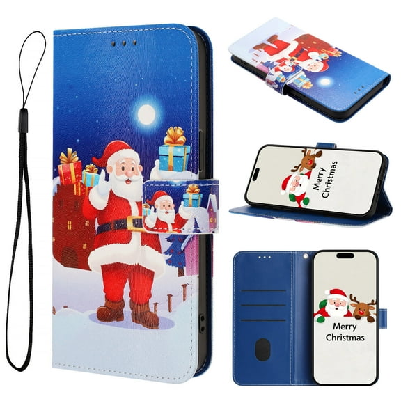 Allytechgroup Merry Christmas Series Case for Apple iPhone 16e, Stylish Cute Pattern Design Folio Stand Cards Slots Cash Pocket Flip Wallet Cover Case with Hand Wrist for Women Men