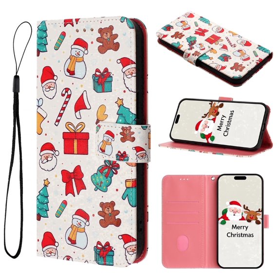 Allytechgroup Credit Card Slot Merry Christmas Series PU Leather Hard Shell Flip Protective Case Cover Cell Phone Case for Apple iPhone 17 Pro