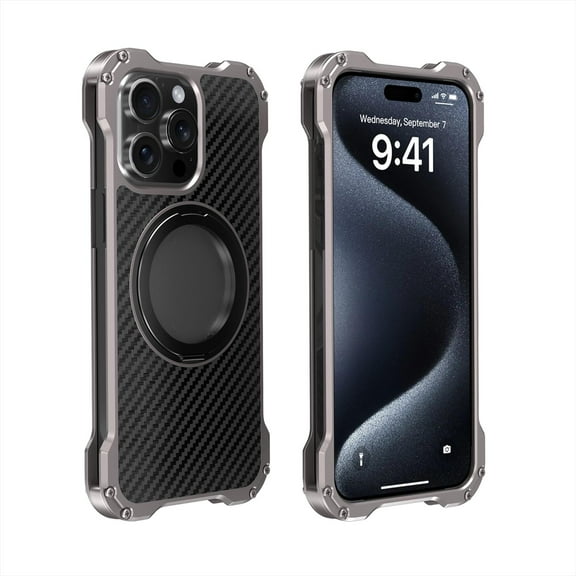 Allytechgroup Metal Frame Case for Apple iPhone 14 Pro Max, Carbon Fiber Back Back Cover with Kickstand [Magsafe Compatible] Military Grade Shockproof Phone Case for iPhone 14 Pro Max, Gray