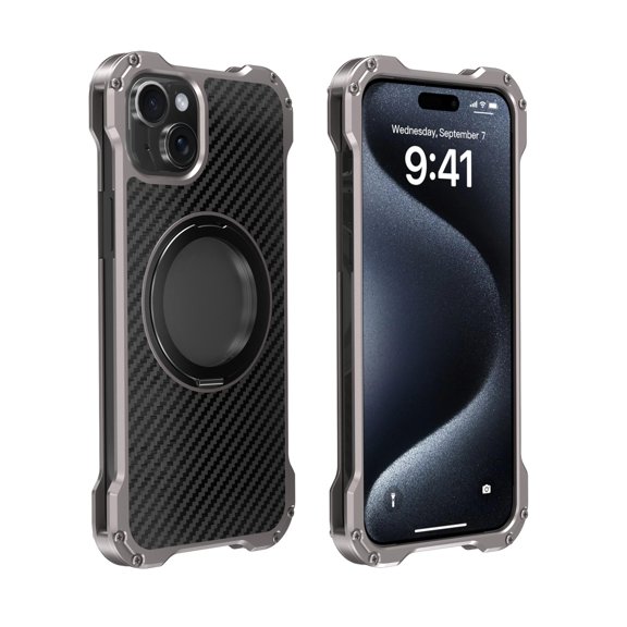 Allytechgroup Metal Frame Case for Apple iPhone 15, Carbon Fiber Back Back Cover with Kickstand [Magsafe Compatible] Military Grade Shockproof Phone Case for iPhone 15, Gray