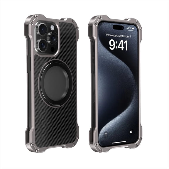 Allytechgroup Metal Frame Case for Apple iPhone 15 Pro Max, Carbon Fiber Back Back Cover with Kickstand [Magsafe Compatible] Military Grade Shockproof Phone Case for iPhone 15 Pro Max, Gray