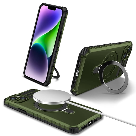 Allytechgroup Militargy Grade Shockproof Case for Apple iPhone 14 Plus, Magnetic Cover Compatible with Magsafe & Car Mount Ring Kickstand Bumper Case for Women Men, Darkgreen