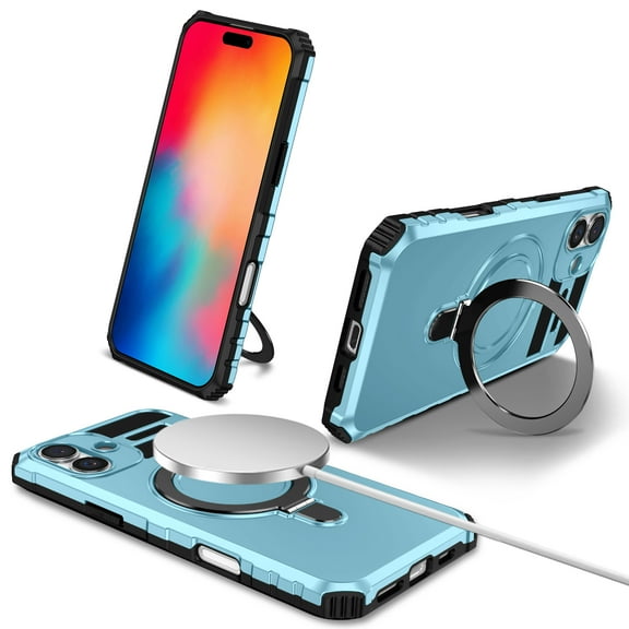 Allytechgroup Militargy Grade Shockproof Case for Apple iPhone 16 Plus, Magnetic Cover Compatible with Magsafe & Car Mount Ring Kickstand Bumper Case for Women Men, Lightblue