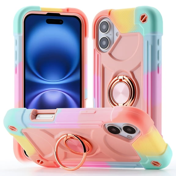Allytechgroup Military-Grade Phone Case for Apple iPhone 16, Heavy Duty iPhone 16 Cover with 360° Ring Kickstand, Shockproof TPU+PC Bumper, Raised Edges, Drop Protection, Colorful Rosegold