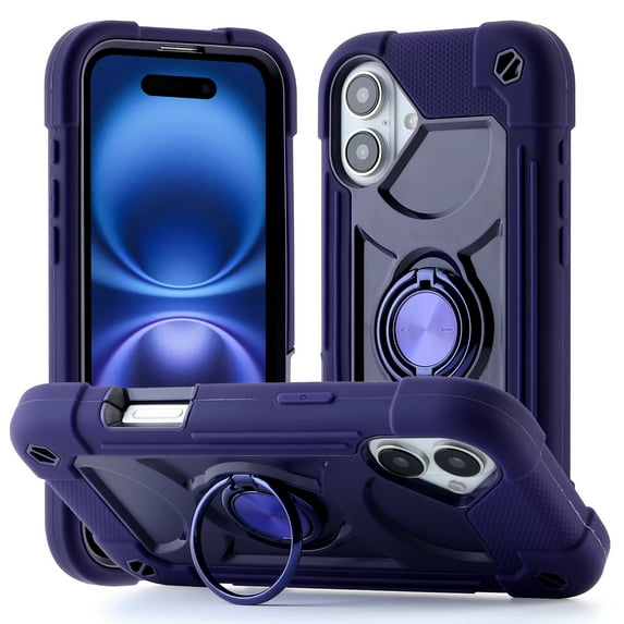 Allytechgroup Military-Grade Phone Case for Apple iPhone 16, Heavy Duty iPhone 16 Cover with 360° Ring Kickstand, Shockproof TPU+PC Bumper, Raised Edges, Drop Protection, Purple