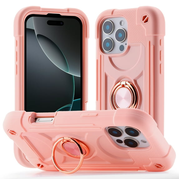 Allytechgroup Military-Grade Phone Case for Apple iPhone 16 Pro, Heavy Duty iPhone 16 Pro Cover with 360° Ring Kickstand, Shockproof TPU+PC Bumper, Raised Edges, Drop Protection, Rosegold