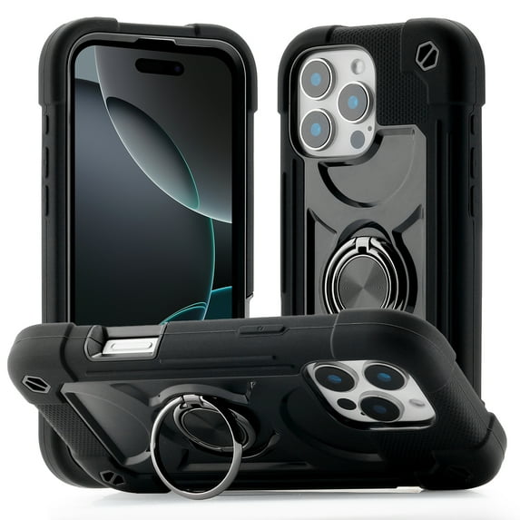 Allytechgroup Military-Grade Phone Case for Apple iPhone 16 Pro, Heavy Duty iPhone 16 Pro Cover with 360° Ring Kickstand, Shockproof TPU+PC Bumper, Raised Edges, Drop Protection, Black