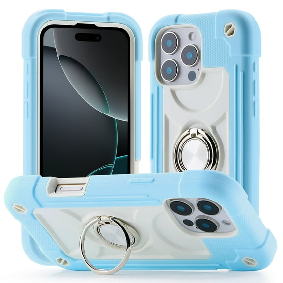 Allytechgroup Military-Grade Phone Case for Apple iPhone 16 Pro Max, Heavy Duty iPhone 16 Pro Max Cover with 360° Ring Kickstand, Shockproof TPU+PC Bumper, Raised Edges, Drop Protection, Skyblue