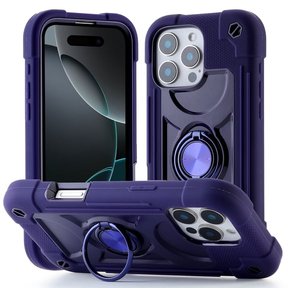 Allytechgroup Military-Grade Phone Case for Apple iPhone 16 Pro Max, Heavy Duty iPhone 16 Pro Max Cover with 360° Ring Kickstand, Shockproof TPU+PC Bumper, Raised Edges, Drop Protection, Purple