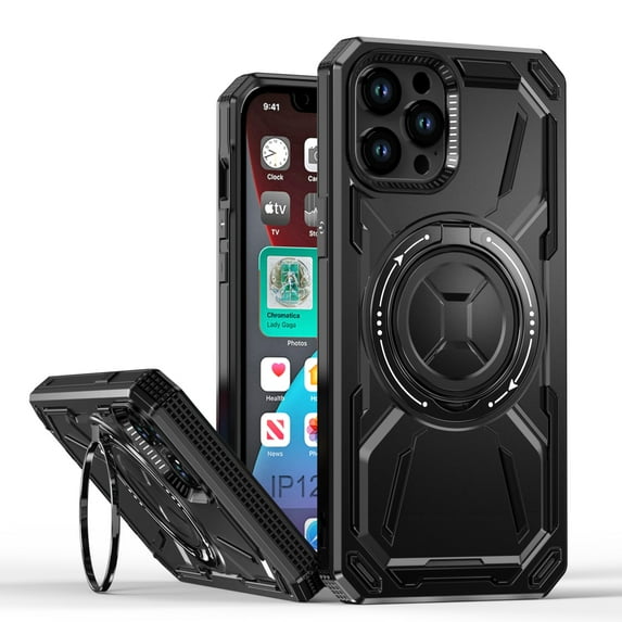 Allytechgroup Military Grade Shockproof Case for Apple iPhone 12 Pro Max, Compatible with Magsafe Rotating Stand Bumper Wireless Charging Magnetic Phone Case for Women Men, Black