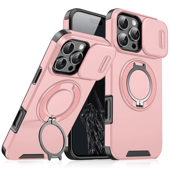 Allytechgroup Military Grade Shockproof Case for Apple iPhone 13 Pro, Rotating Kickstand Ring Holder Magnetic Back Cover Compatible with Car Mount with Siliding Camera Lens Protector, Pink