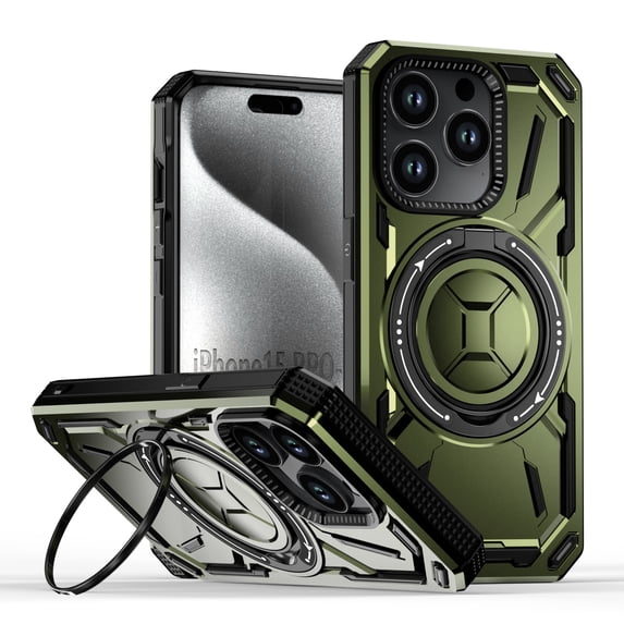 Allytechgroup Military Grade Shockproof Case for Apple iPhone 14 Pro Max, Compatible with Magsafe Rotating Stand Bumper Wireless Charging Magnetic Phone Case for Women Men, Green
