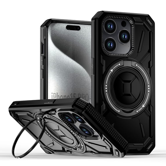 Allytechgroup Military Grade Shockproof Case for Apple iPhone 14 Pro Max, Compatible with Magsafe Rotating Stand Bumper Wireless Charging Magnetic Phone Case for Women Men, Black