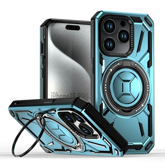 Allytechgroup Military Grade Shockproof Case for Apple iPhone 15 Pro Max, Compatible with Magsafe Rotating Stand Bumper Wireless Charging Magnetic Phone Case for Women Men, Blue