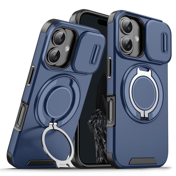 Allytechgroup Military Grade Shockproof Case for Apple iPhone 16 Plus, Rotating Kickstand Ring Holder Magnetic Back Cover Compatible with Car Mount with Siliding Camera Lens Protector, Blue