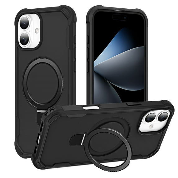 Allytechgroup Military-Grade Shockproof iPhone 16 Case, MagSafe-Compatible Apple iPhone 16 Cover with Magnetic Back Cover & Built-in Ring Holder Kickstand for Car Mount Phone Case,Black