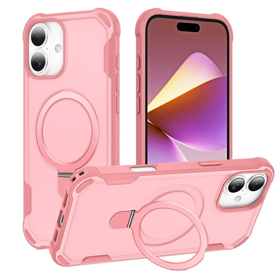 Allytechgroup Military-Grade Shockproof iPhone 16 Case, MagSafe-Compatible Apple iPhone 16 Cover with Magnetic Back Cover & Built-in Ring Holder Kickstand for Car Mount Phone Case,Pink