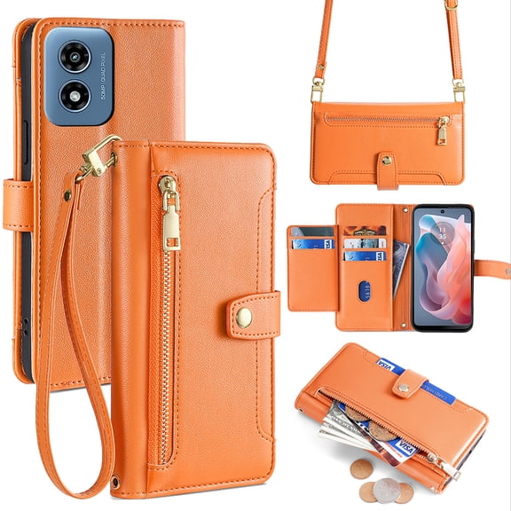 Allytechgroup for Moto G 2025 Wallet Case Cover, Large Space Cards Slots Zipper Pocket Shoulder Strap Kickstand Shockproof Wallet Phone Case for Moto G 5G 2025 - Orange