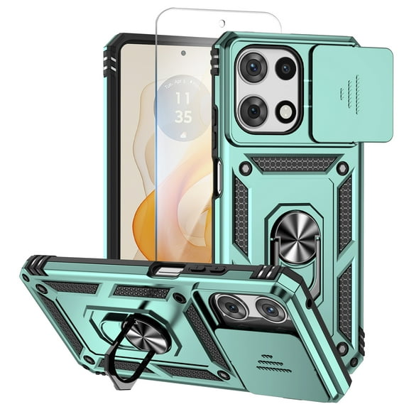 Allytechgroup Moto G 5G 2025 Case with Screen Protector, Sliding Camera Cover Rotating Kickstand Ring Holder Anti-Scratch Rugged Hybrid Phone Case Cover for Motorola Moto G 5G 2025, Green